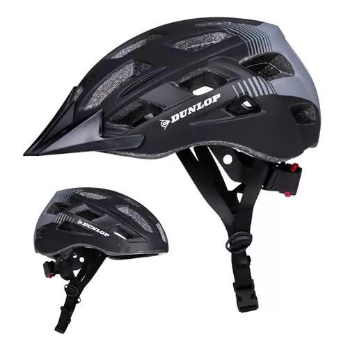 Dunlop Casco Bicicleta Adulto - Casco Bici Ajustable de 55 a 58 cm - Casco MTB y Patinete Talla M - Casco Hombre y Mujer con Iluminación LED y 3 Modos de Luz - Negro