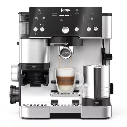 Ninja Luxe Essential Cafetera 2 en 1 para latte, cappuccino y espresso con molinillo y espumador de leche integrados, fácil de usar y 2 preajustes automáticos de espuma, plata, ES501EU