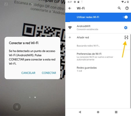 コードを読み取って接続を追加するには、新しい Android Q オプションまたは別のコード リーダー (左側、Samsung 製) を使用できます。