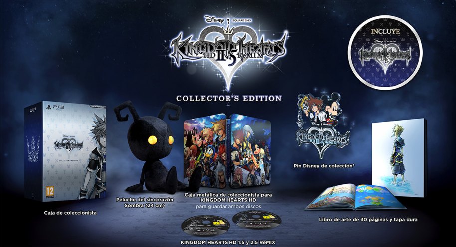 Acompañando a la edición Estándar y Limitada de esta obra de Square Enix, también es posible adquirir mediante reserva la Edición Coleccionista. ¿Y qué incluye? Pues todo esto que veis: los juegos KH 1.5 y 2.5 Remix, caja metálica, un pin exclusivo de Sora y Mickey, un libro de arte de 30 páginas y un peluche de Sincorazón de 24 cm. Una edición deslumbrante.