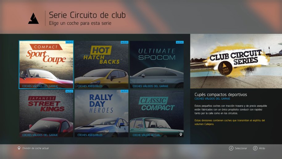 Cada vez que comencemos una serie en el Modo Carrera deberemos comprometernos con un determinado estilo de vehículos para ésta. 