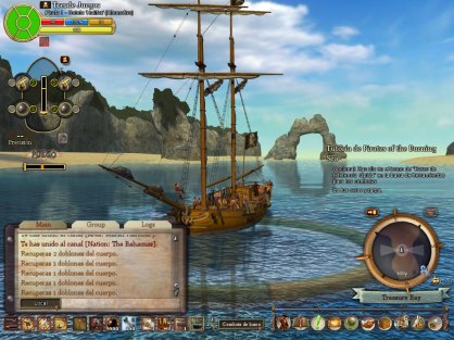 La segunda parte más importante del juego vendrá con las batallas en el mar. Aquí demostraremos que somos unos auténticos lobos marinos descargando plomo sobre los barcos rivales (barra espaciadora del teclado). Para ello, tendremos que situar a nuestro barco en la posición adecuada. Pero no hay de qué preocuparse. Dos indicadores, uno a cada lado del barco, nos mostrarán el rango de disparo. Unido a esto, contaremos con una barra de estado en la esquina superior izquierda de la imagen. El blindaje del casco, la vida de la tripulación, el estado de las velas y de los cañones se mostrará ahí. Incluso se tendrá en cuenta la moral de un grupo que podremos ver ir de un lado para otro gracias al sobresaliente apartado gráfico de este MMORPG.