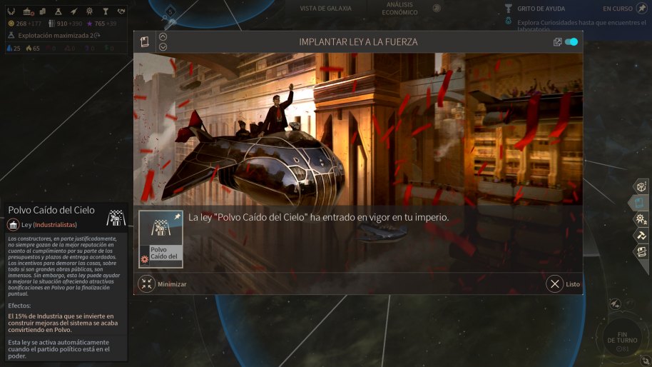 La política es muy importante en Endless Space 2. Si tienes el mando tú pones las leyes pero si sube al poder alguien con una ideología distinta… ¡tendrás que asumir sus normas!