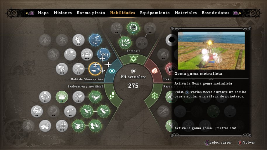 Al cumplir misiones recibirás puntos de experiencia que te van a permitir aprender nuevas habilidades, muy pocas, y mejorar las estadísticas de Monkey D. Luffy.