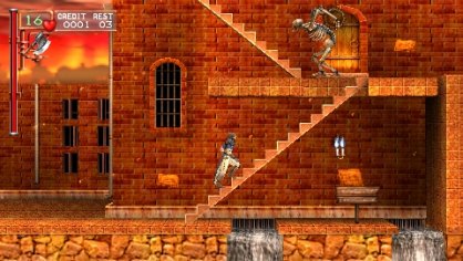 La lógica de desplazamiento en este “remake” consistirá en el conocido como “scroll horizontal”. Sin embargo, eso no quita que, en muchas ocasiones, tengamos que subir escaleras como las de la imagen. Uno de los mayores problemas llegará entonces, cuando tengamos que hacer frente a los enemigos que se encuentran en el piso superior. No siempre será fácil acabar con ellos, aunque bien es verdad que contaremos con objetos como hachas que consigan llegar mucho más lejos que nuestro limitado látigo.