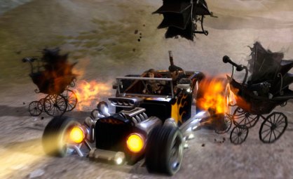 El mundo de Brütal Legend es grande, y para explorarlo deberemos usar vehículos. Los geniales diseñadores de Double Fine demuestran sus habilidades con estos coches, que parecen estar a caballo entre Los Autos Locos y La Familia Monster.
