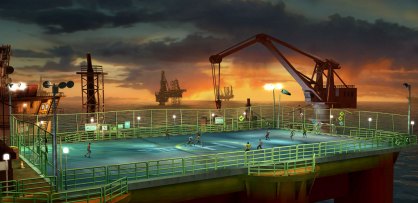No hay demasiados escenarios pero éstos son muy variados y cuentan con un nivel de detalle muy alto. En pantalla el helipuerto de la plataforma petrolífera donde podremos disputar partidos. 