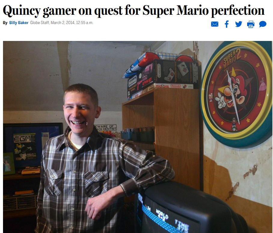 La popularidad de Super Mario Bros. ha ayudado a que la prensa generalista también se haga eco de los récords de sus héroes locales. AndrewG1990 fue un habitual en los medios.

FOTO: Boston Globe