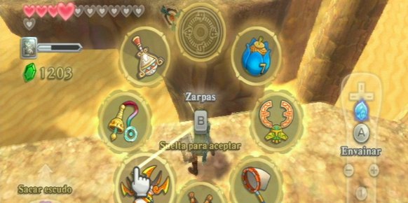 La rueda de inventario “in-game” es otra de las grandes novedades de Skyward Sword. Ya nunca más tendremos que detener la acción para cambiar de objeto.