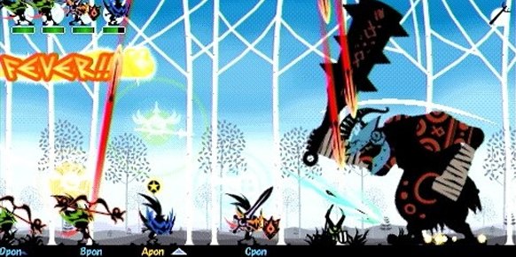 Por encima de todas las características de Patapon 3, la mejor es la de disfrutar en multijugador (un máximo de 4 personas) de enfrentamientos como el de la imagen. ¡Venga, que dragones más grandes han caído!