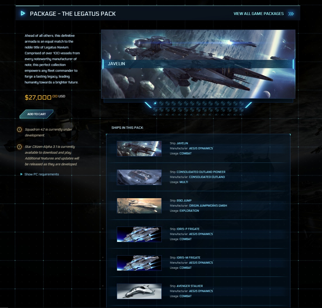 El completo Legatus Pack de Star Citizen, disponible por 23.000 euros